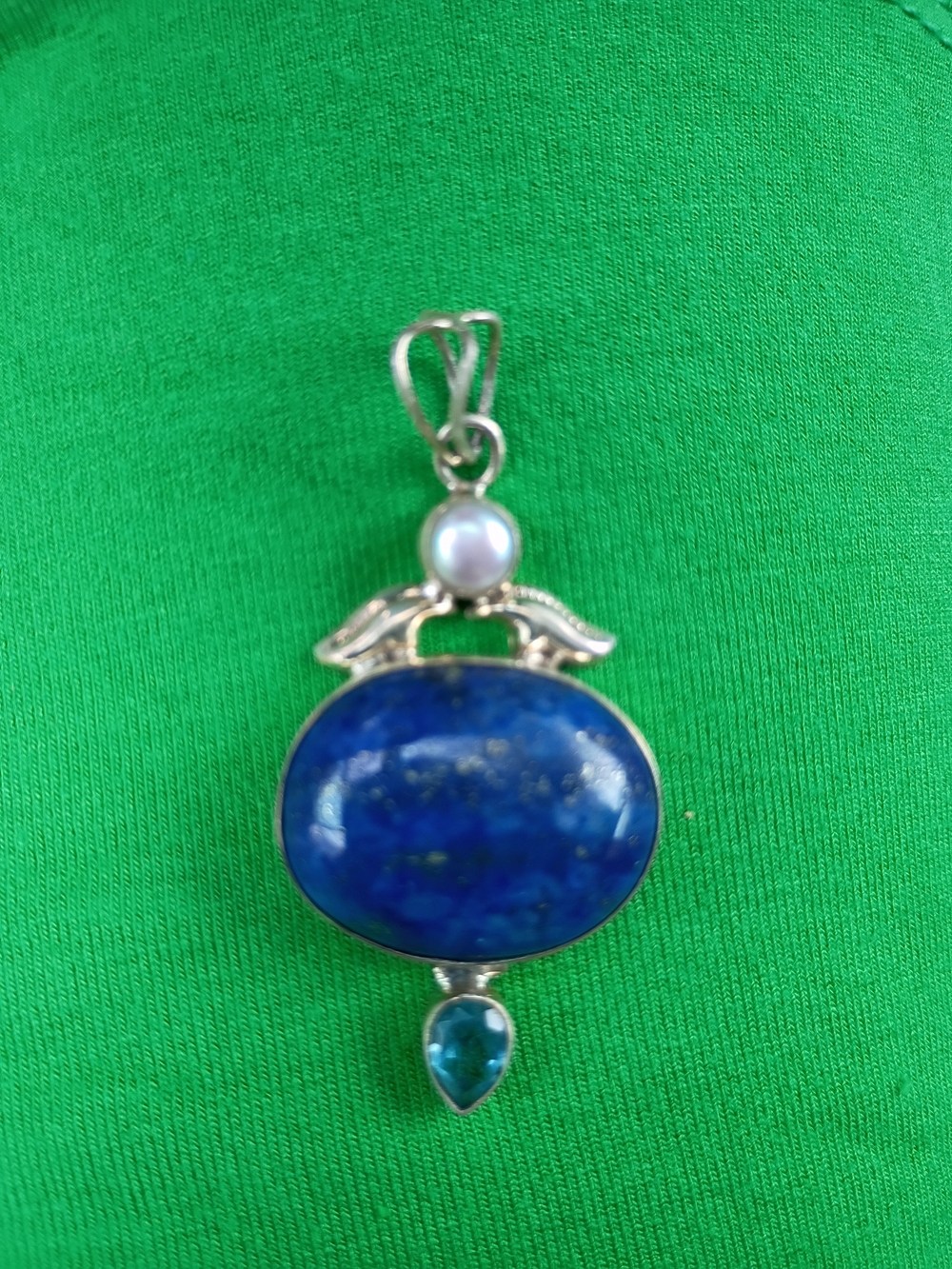 Lapis, Pearl, Blue Stone Pendant Set In 925 Silver
